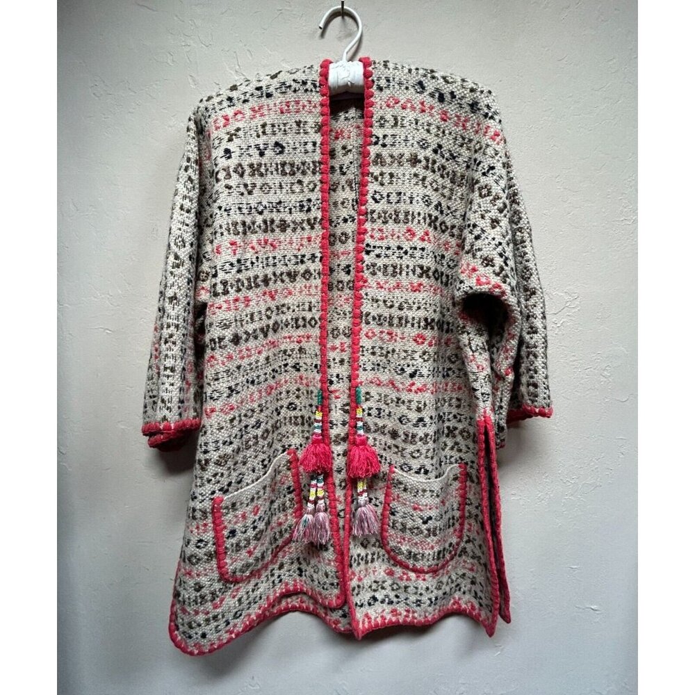The Extreme Collection Printed Wool Knit Dolman Cardigan Tassel Art to Wear